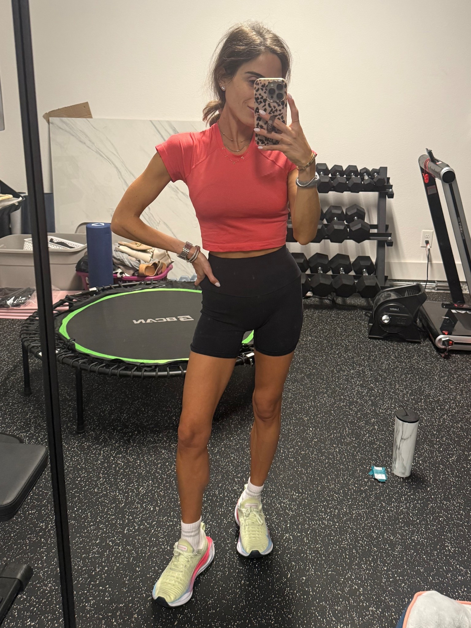 Lululemon cropped short sleeve shirt size 4, black bike shorts size xs 
Workout outfit 

#LTKfitnessgoals #LTKActive