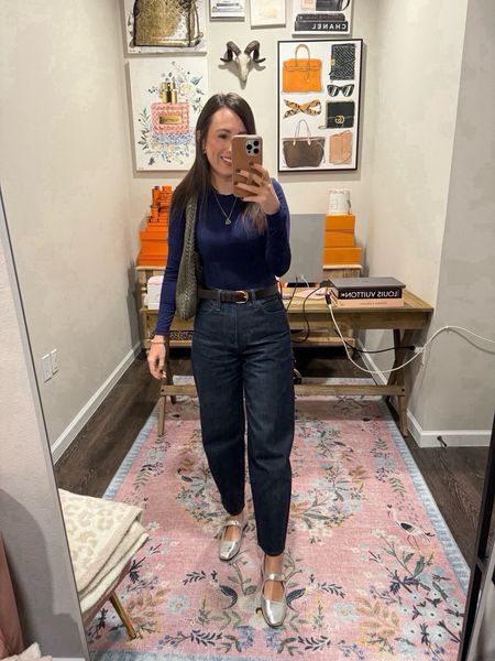 OOTD - Amazon bodysuit in the perfect navy color, silver ballet Mary Jane flats (tts), frame dark brown belt, bottega bag, baublebar jewelry, frame barrel jeans




#LTKfindsunder100 #LTKsalealert #LTKstyletip