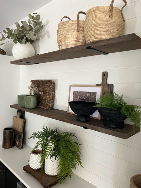 Shelf decor! Floating shelves in my kitchen: baskets, planters, cutting boards, lots of greenery! 

#LTKhome #LTKfamily #LTKFind