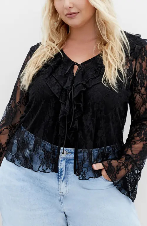 City Chic Lacie Ruffle Long Sleeve Lace Top in Black Lace at Nordstrom, Size Xs | Nordstrom