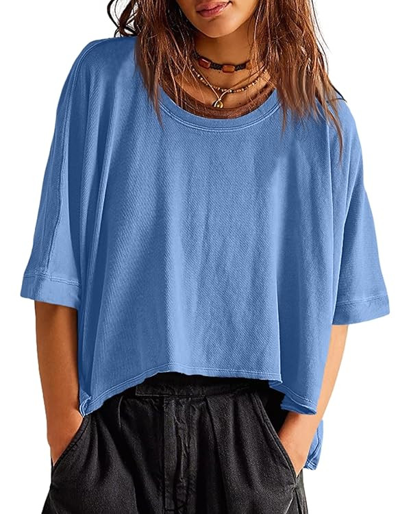 Tankaneo Womens Oversized T-Shirts Cropped Summer Casual Short Sleeve Loose Fit Tee Tops | Amazon (US)