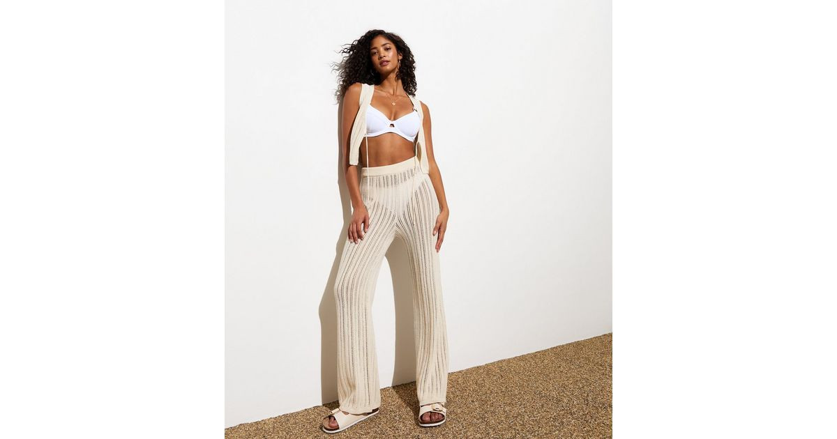 Cream Pointelle Cotton-Blend Flared Trousers | New Look | New Look (UK)