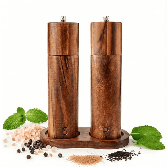 Wooden Salt and Pepper Grinder Set, Refillable Salt & Pepper Mill with Tray, Adjustable Rubber Wo... | Walmart (US)