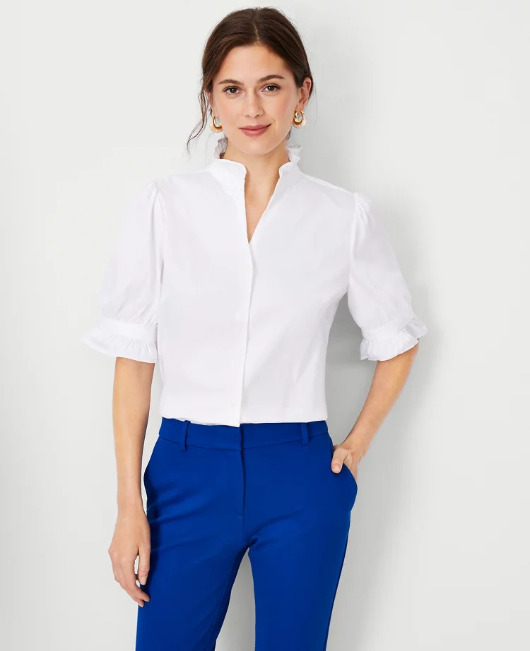 Poplin Ruffle Button Top | Ann Taylor (US)