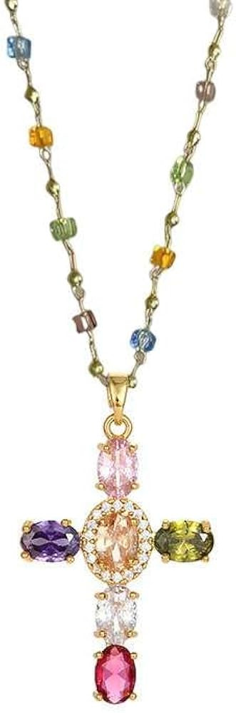 Rainbow Cross Pendant Necklace Colorful Shiny Rhinestones Charm Necklace Dainty Faith Cross Penda... | Amazon (US)