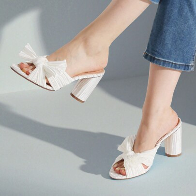 Womens Pleated Bow Knot Chunky Block Heel Stilletos Open Toe Wedding Work Party Shoes | SHEIN