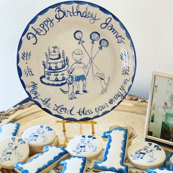 Birthday Plate, Blue and White, Childs Ceramic 10" Family Birthday Dinner Plate ,Handpainted Plat... | Etsy (US)