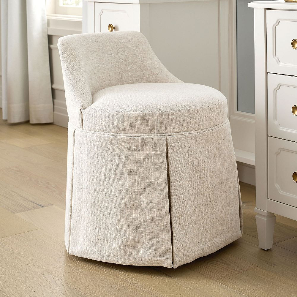 Eco Performance Textured Weave Oatmeal Kennedy Pleated Swivel Vanity Stool | Pottery Barn Teen