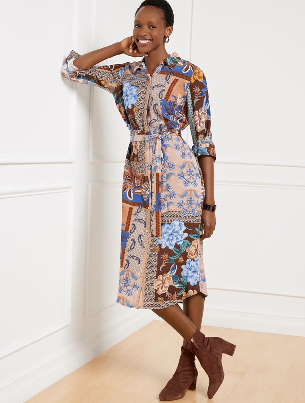 Tie Waist Shirtdress - Floral Geo Patchwork | Talbots