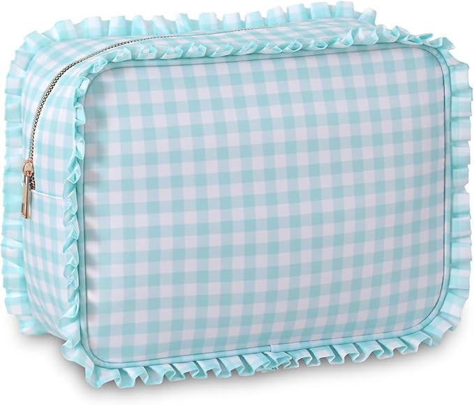 Gingham Ruffle Makeup Bag,Large Travel Cute Cosmetic Bag for Women Girls,Toiletry Bag Make up Org... | Amazon (US)