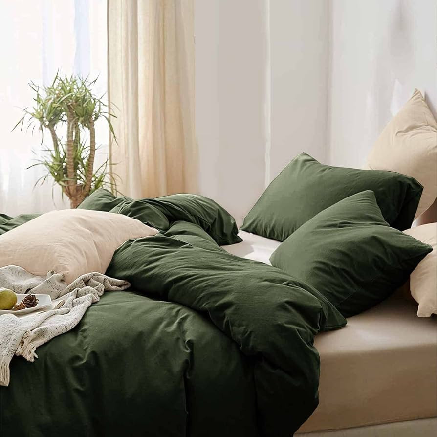 Dark Olive Green Duvet Cover Queen Size, 3pc Soft Farmhouse Bedding Comforter Cover Set With Zipp... | Amazon (US)