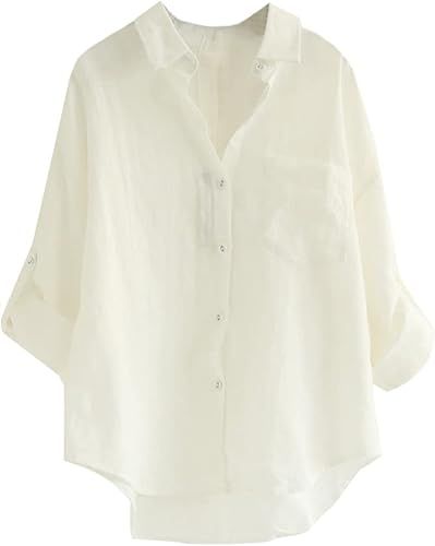 Minibee Women's Linen Blouse High Low Shirt Roll-Up Sleeve Tops | Amazon (US)