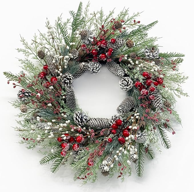 Christmas Wreath for Front Door, 24 inch Winter Wreaths with Natural Pine Cones, Red Berries,Spru... | Amazon (US)