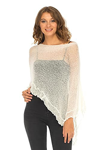 SHU-SHI Womens Sheer Poncho Shrug Lightweight Knit Ruffle Sweater Top Off White | Amazon (US)