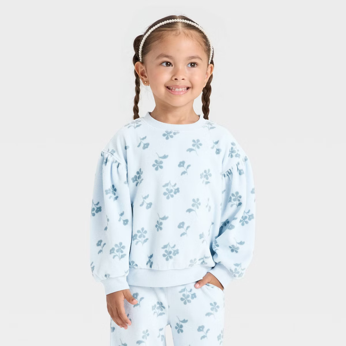 Toddler Girls' Floral Velour Sweatshirt - Cat & Jack™ Light Blue 12M | Target
