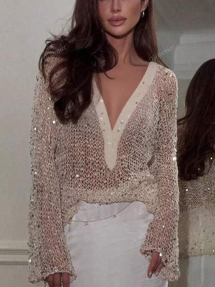 Yuwenier Sexy Plunging Neck Hollow Out Seethrough Sequin Crochet Cover-Up Batwing Long Sleeve Loose Fit Tops Going Out Party Halloween Outfits For Women | SHEIN