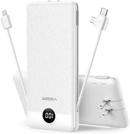 VEGER Portable Charger with Built-in AC Plug and Cables, All in One 10000mAh Ultra Slim Power Ban... | Amazon (US)