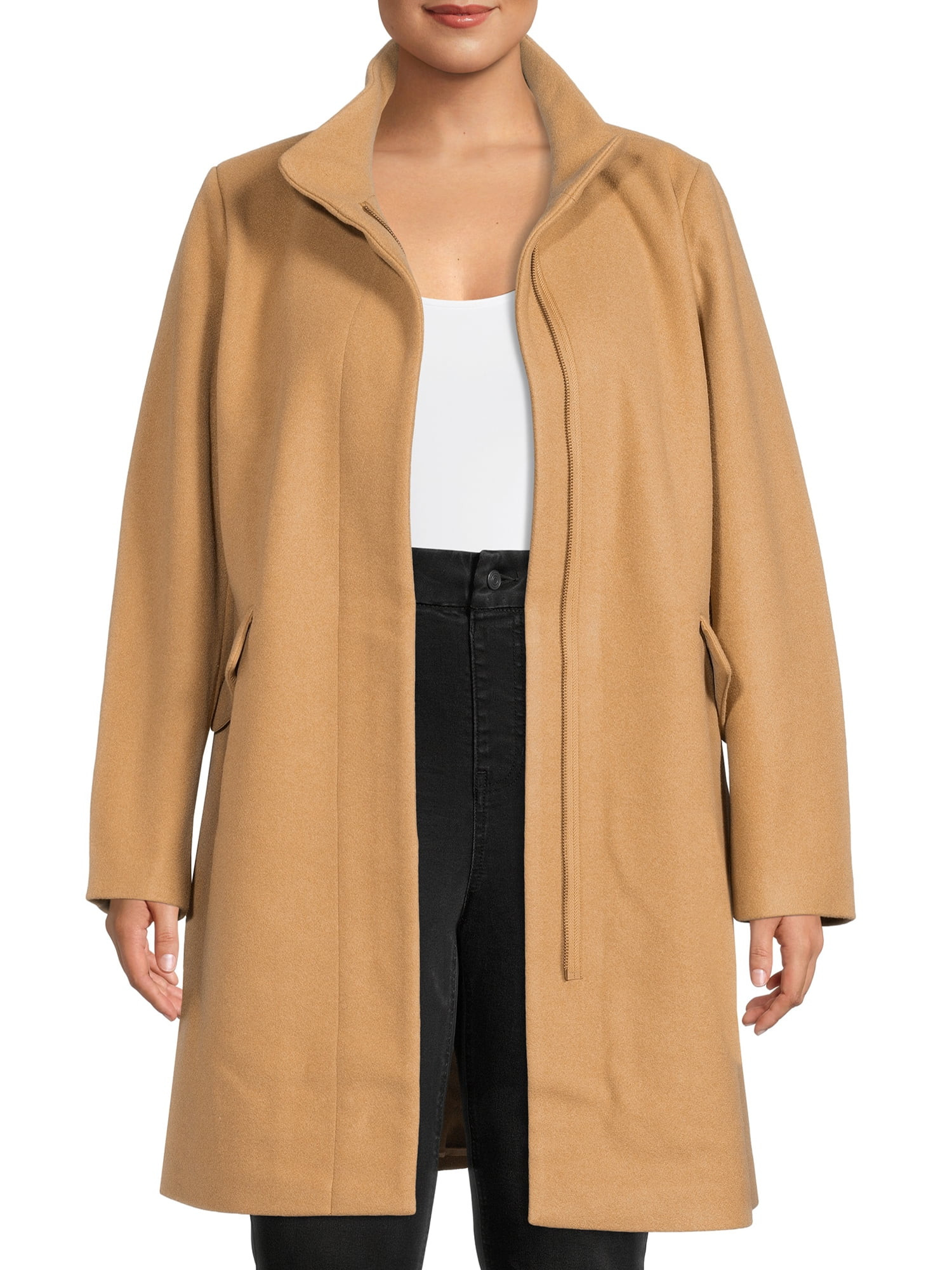 Time and Tru Women’s and Women's Plus Faux Wool Funnel Neck Coat | Walmart (US)
