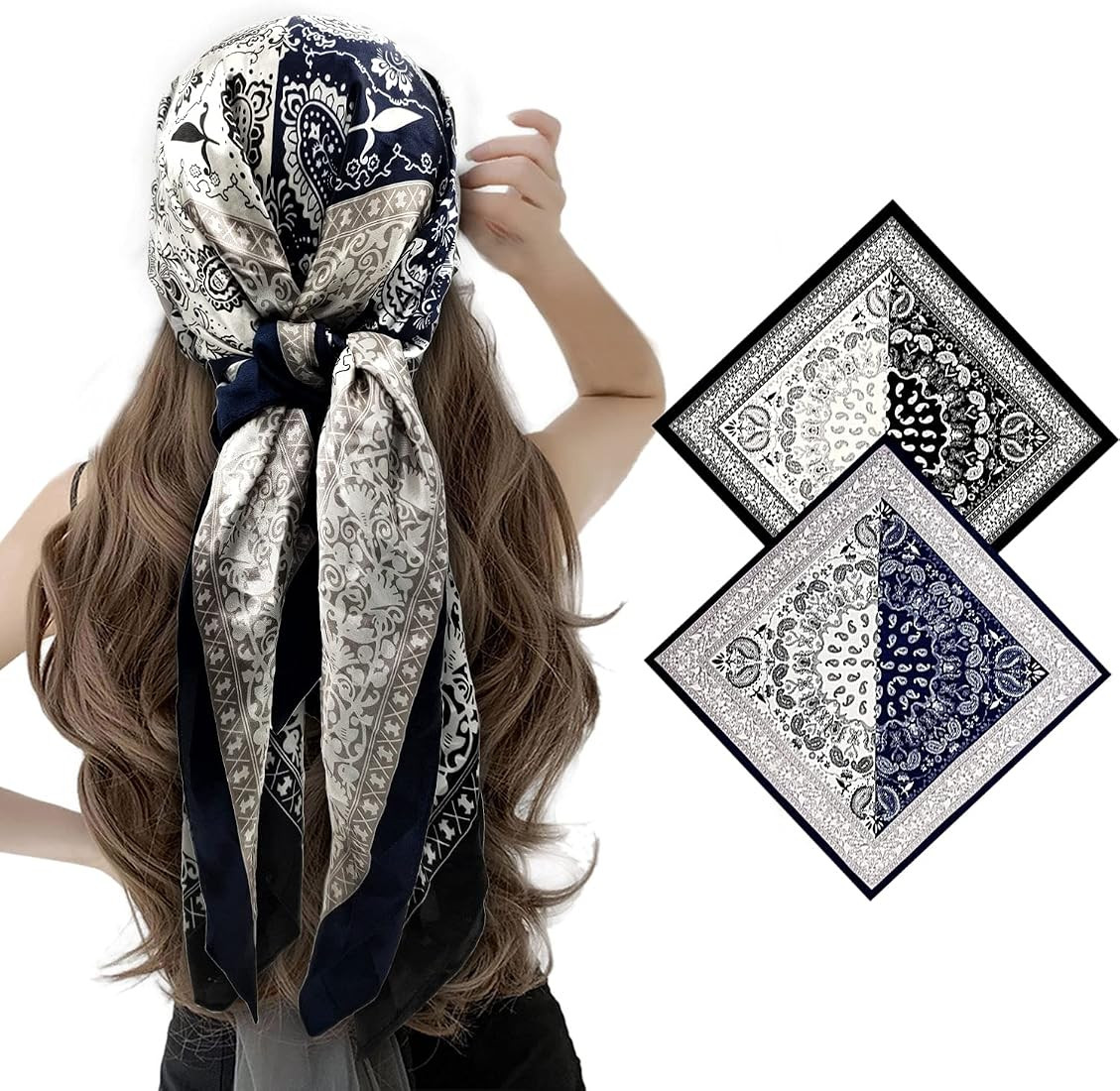 woogwin 2 Pack 35" Satin Silk Like Hair Scarf Bandana Light Head Wraps Neck Face Scarves Cover for W | Amazon (US)