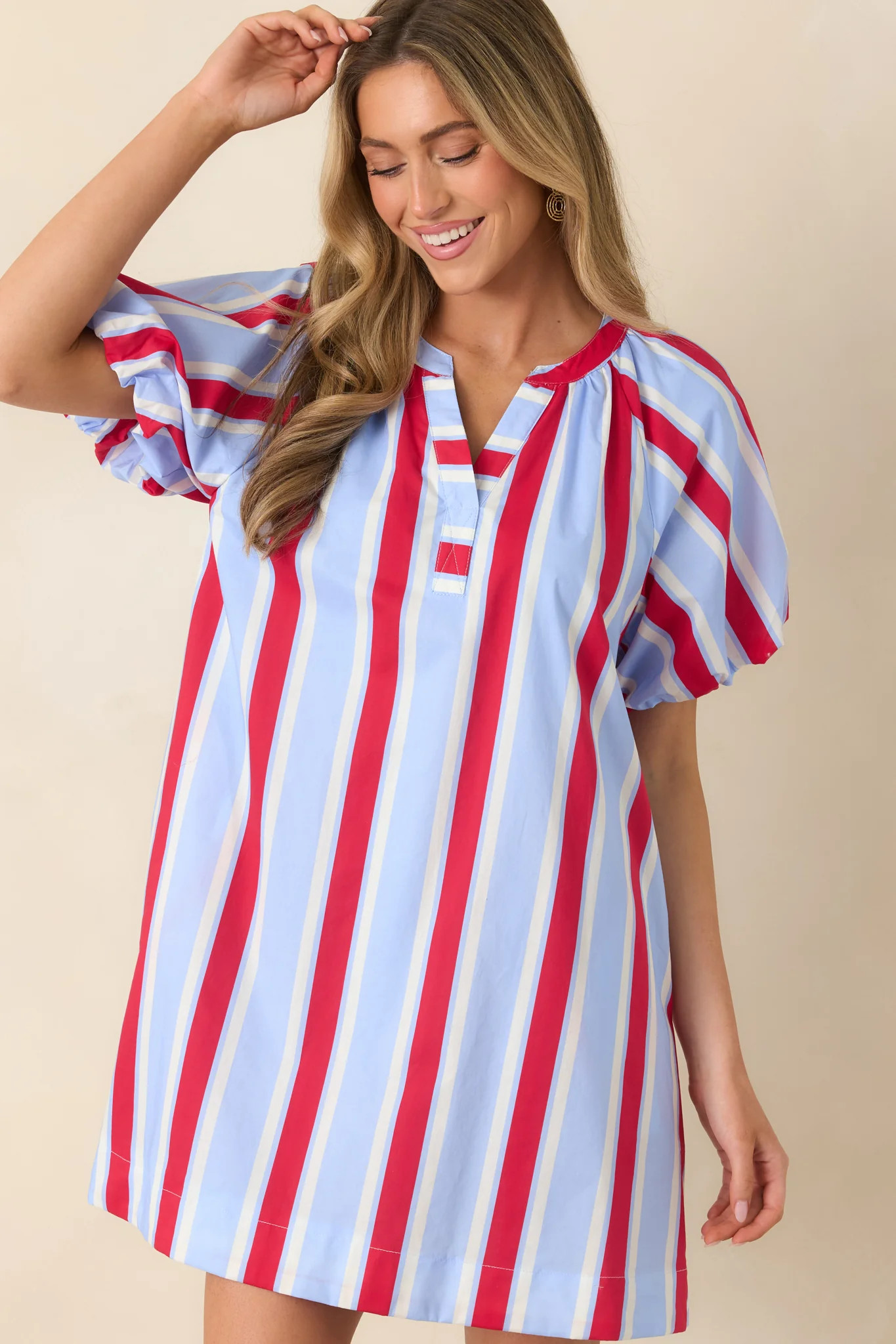 Sweet Summer State Red & Light Blue Stripe Cotton Puff Sleeve Mini Dress | Red Dress