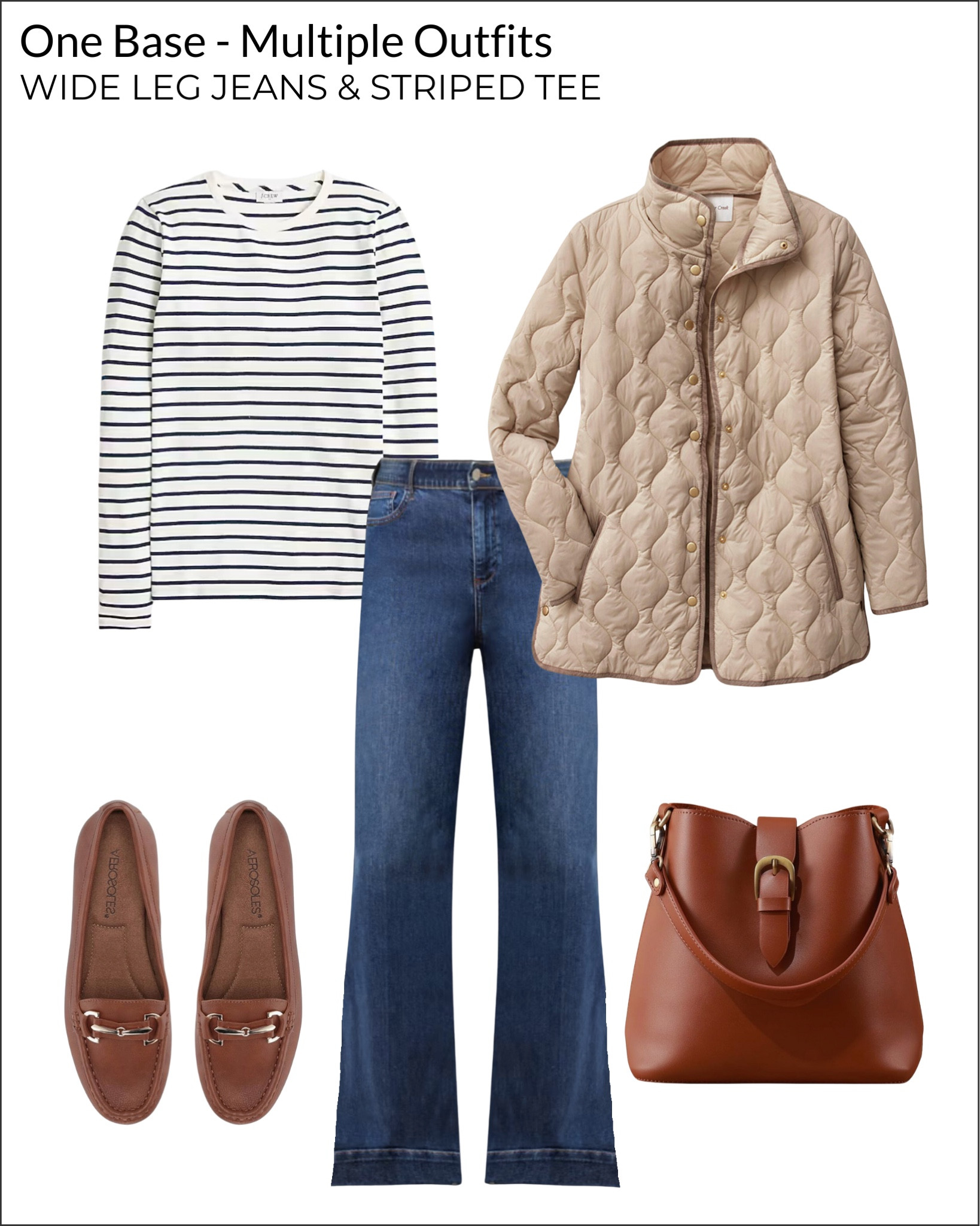 1 Base, 10 Outfits: How To Style Wide Leg Jeans And A Striped Tee In Multiple Budget-Buy Outfits

Quilted jacket, brown driving loafers, hobo shoulder bag