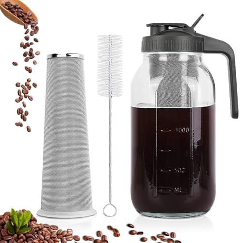 Cold Brew Coffee Maker,64 oz Mason Jar Pitcher with Stainless Steel Filter, Pour Spout Handle Lid... | Amazon (US)