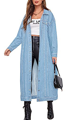 chouyatou Women's Fashion Spring Button Down Midi Long Denim Jean Jacket Trench Coat (Medium, Light Blue) | Amazon (US)