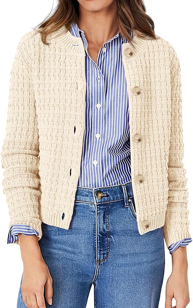 Women's Knit Cardigan Sweaters Long Sleeve Open Front Button Down Crew Neck Tweed Cropped Jackets | Amazon (US)