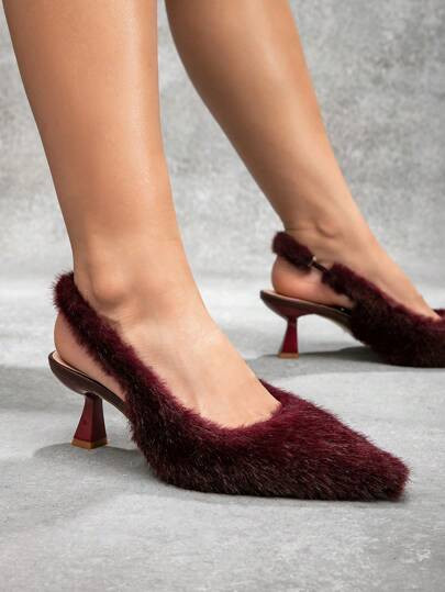 CUCCOO SZL Burgundy Furry Heeled Pointed Toe Slip On Pumps For Women, Sexy Stiletto Heel Nightclu... | SHEIN