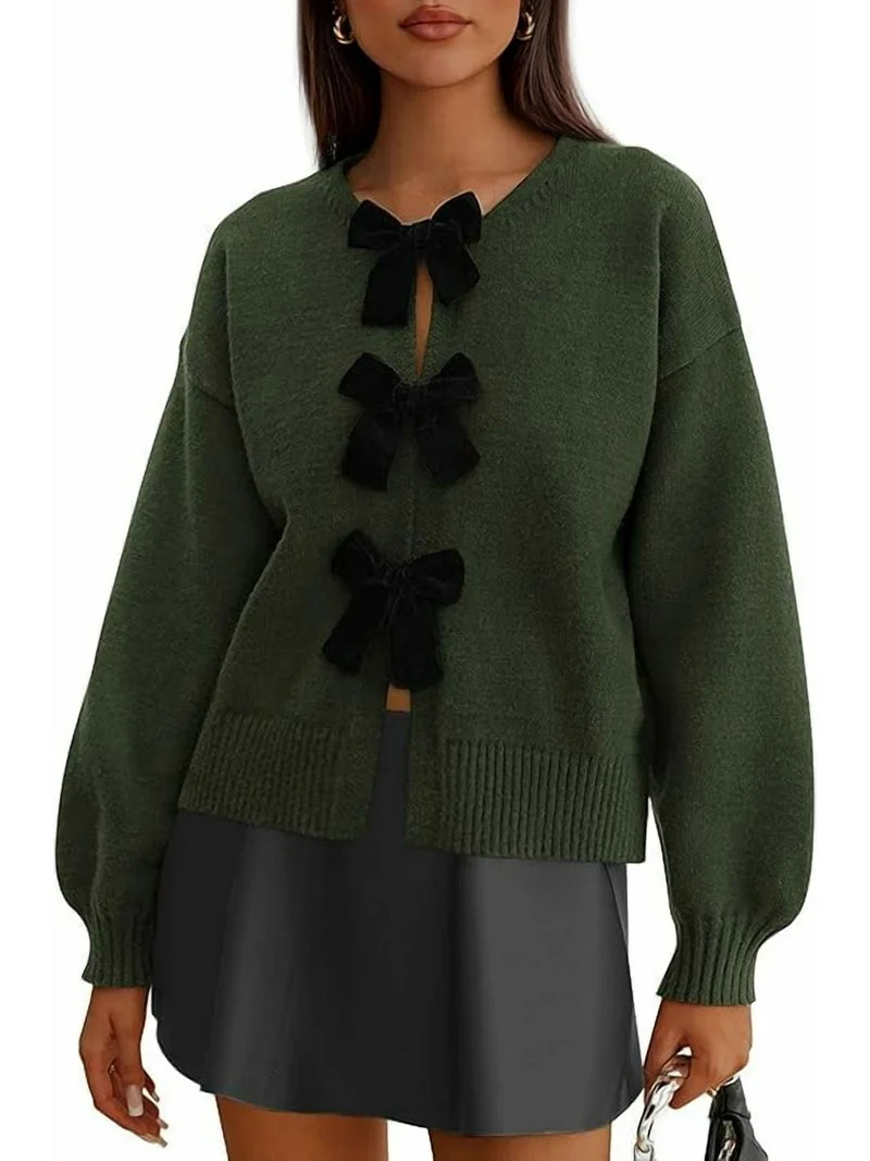 PRETTYGARDEN Cardigan Sweaters for Women Fall Bow Tie Front Long Sleeve Knit Sweater Tops Cute Go... | Walmart (US)