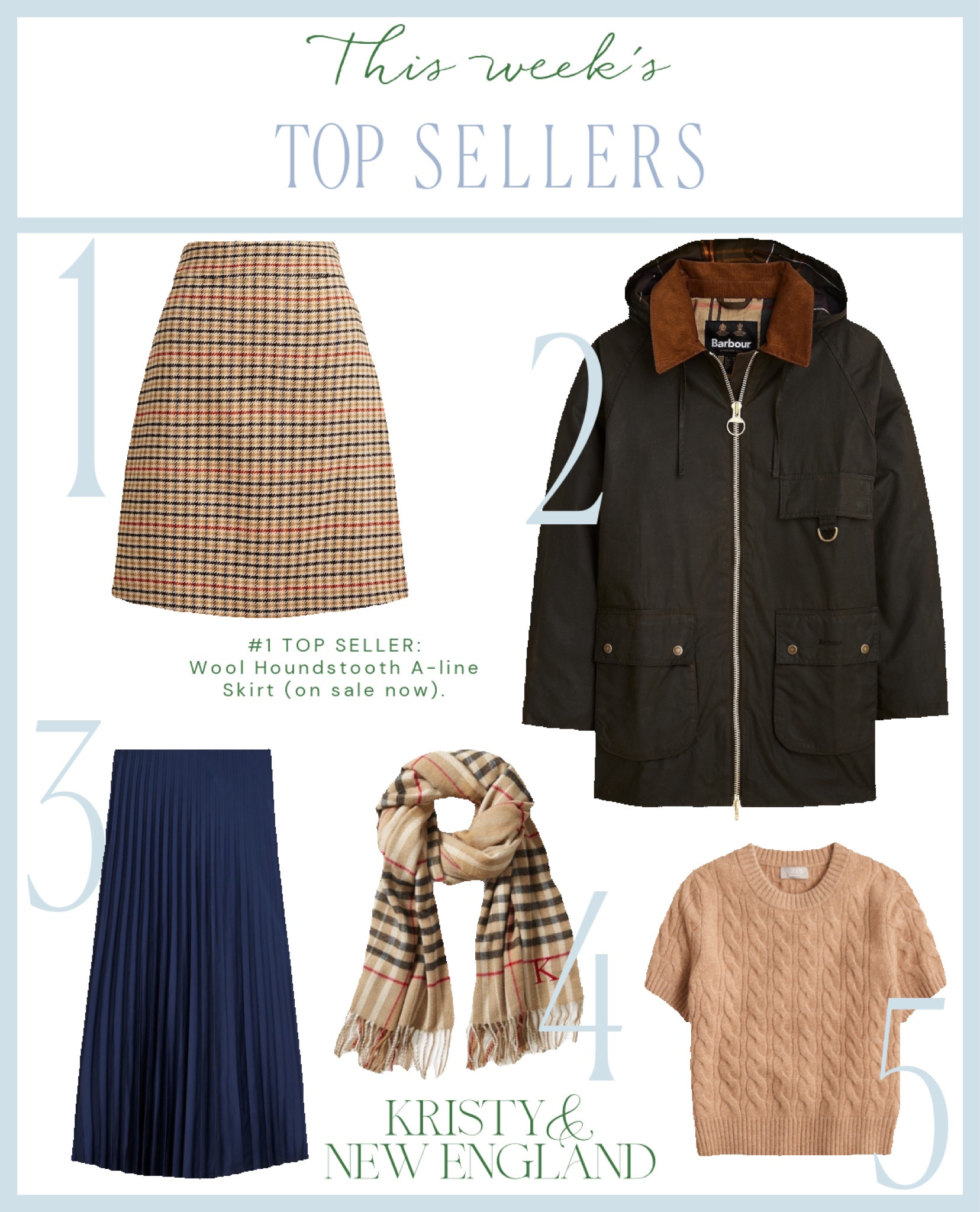 Top Sellers this week #1 Houndstooth Wool Skirt #2 Barbour Highclere Jacket #3 Pleated Midi Skirt #4 Plaid Scarf #5 Cashmere Cable Knit Sweater Tee

#LTKSeasonal #LTKOver40 #LTKSaleAlert