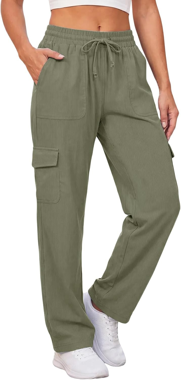 Aoysky Womens Cargo Pants Straight Leg Elastic High Waisted Drawstring Casual Streetwear Hiking Pants with Pockets | Amazon (US)