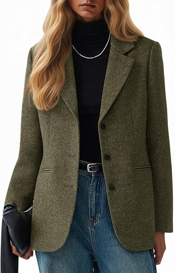 Mina Self 2025 Winter Women Herringbone Tweed Wool Blazer-Lapel Collar Business Casual Long Sleev... | Amazon (US)