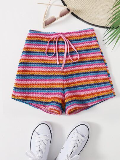 SHEIN Rainbow Striped Knot Front Shorts | SHEIN