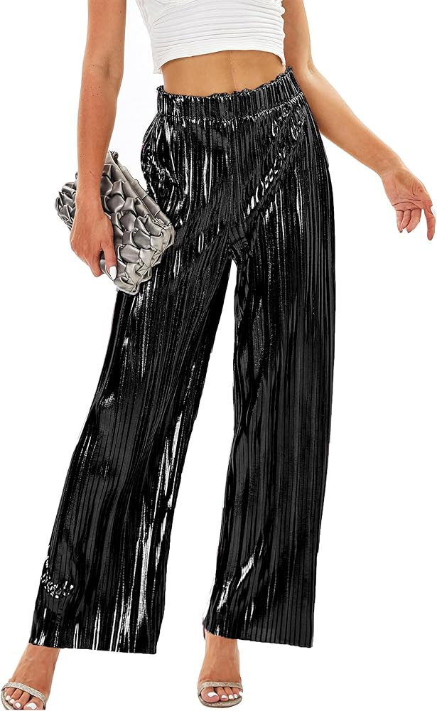 heipeiwa Women's Shiny Pleated Wide Leg Pants Party Nightout High Waist Trouser Folded Lightweigh... | Amazon (US)