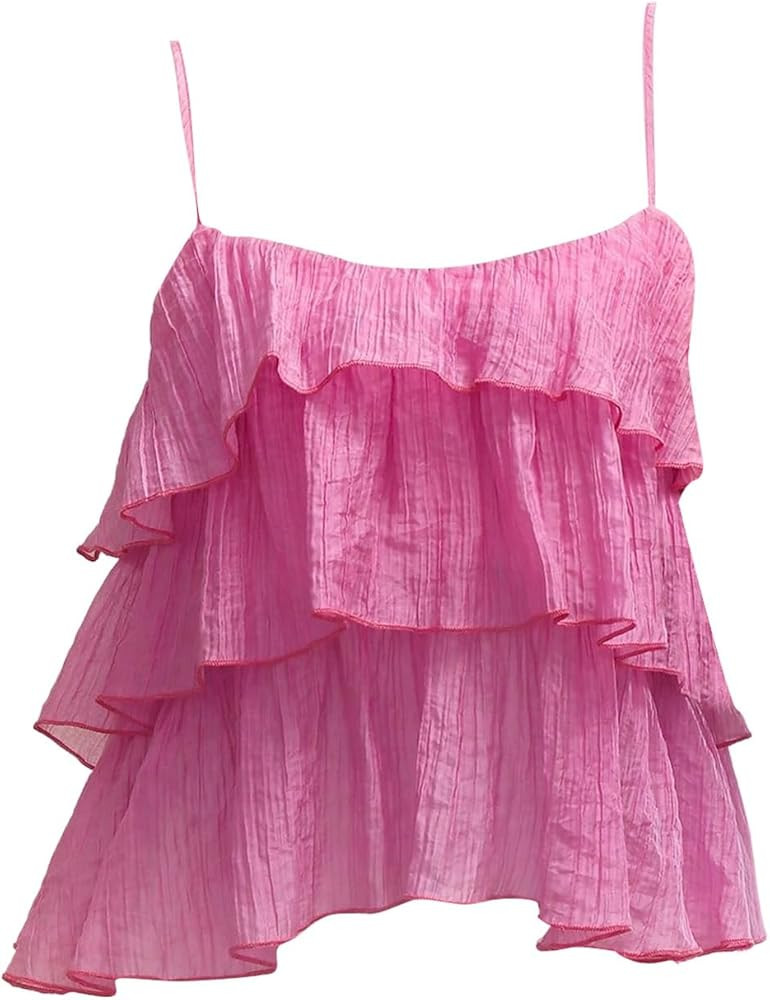 GORGLITTER Women's Layered Ruffle Babydoll Peplum Cami Tops Sleeveless Spaghetti Strap Going Out ... | Amazon (US)
