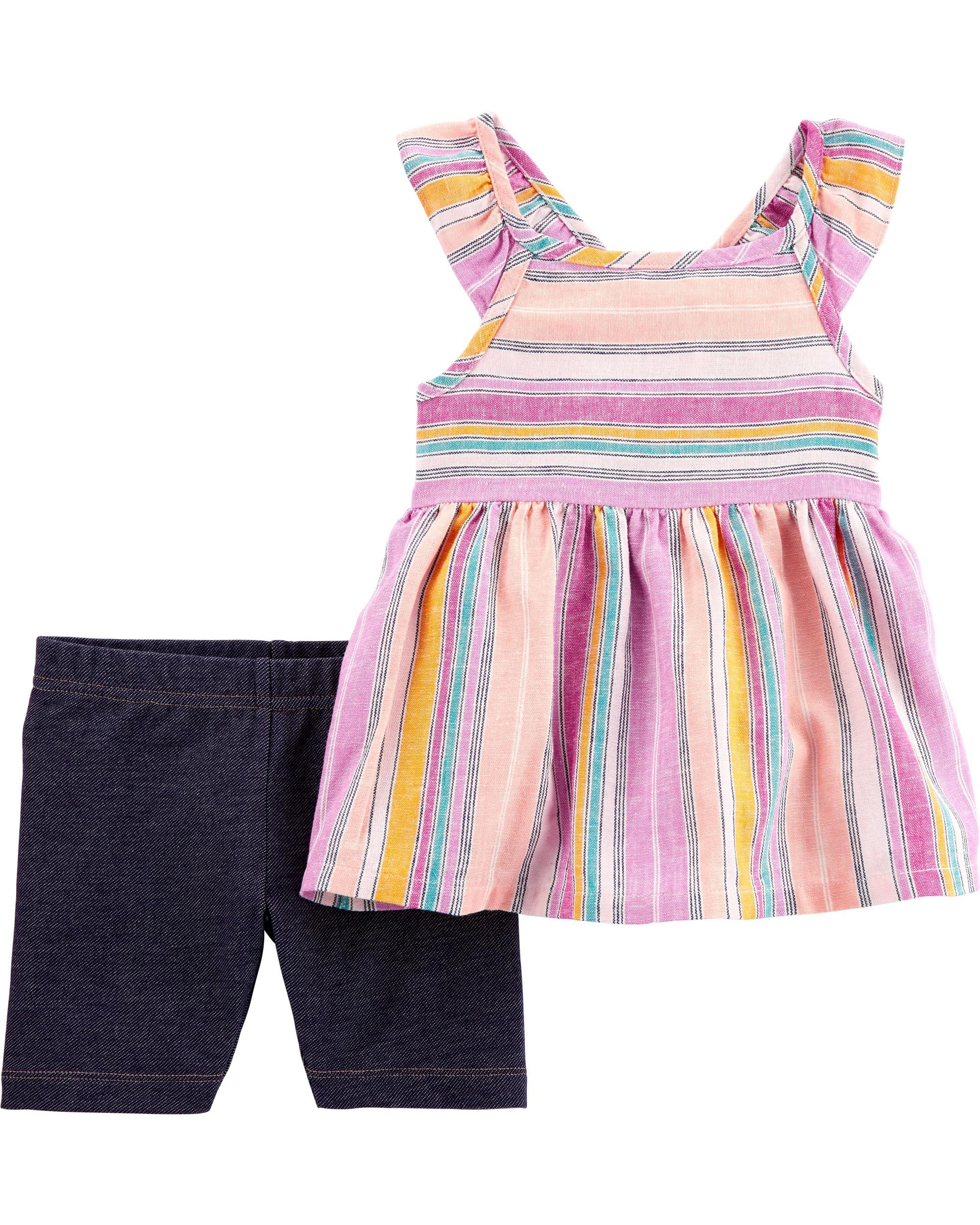 2-Piece Striped Flutter Top & Knit Denim Playground Shorts | Carter's