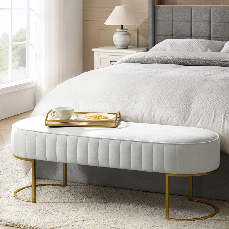 Lawanda 46" Modern Upholstered Bench with Channel-Tufted Cushion and Metal Base | Wayfair North America
