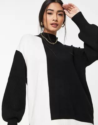 River Island color block rib mix high neck sweater in black | ASOS (Global)