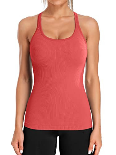 ATTRACO Built in Bra Tank Tops for Women Workout Ribbed Racerback Yoga Tank Top Orange Red | Amazon (US)