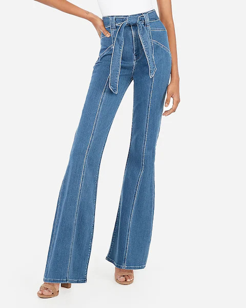 super high waisted seamed dark wash bell flare jeans | Express