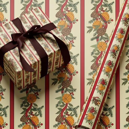 Vintage Style Christmas Wrapping Paper, Fruit Garland & Pinecone Packaging Papers For Party, Wrap... | Amazon (US)