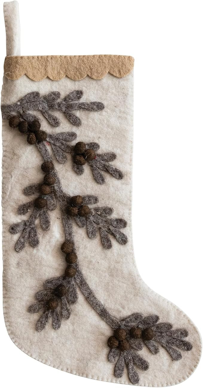 Creative Co-Op Handmade Wool Felt Stocking with Appliqued Branch, Pom Poms and Scalloped Trim, Mu... | Amazon (US)