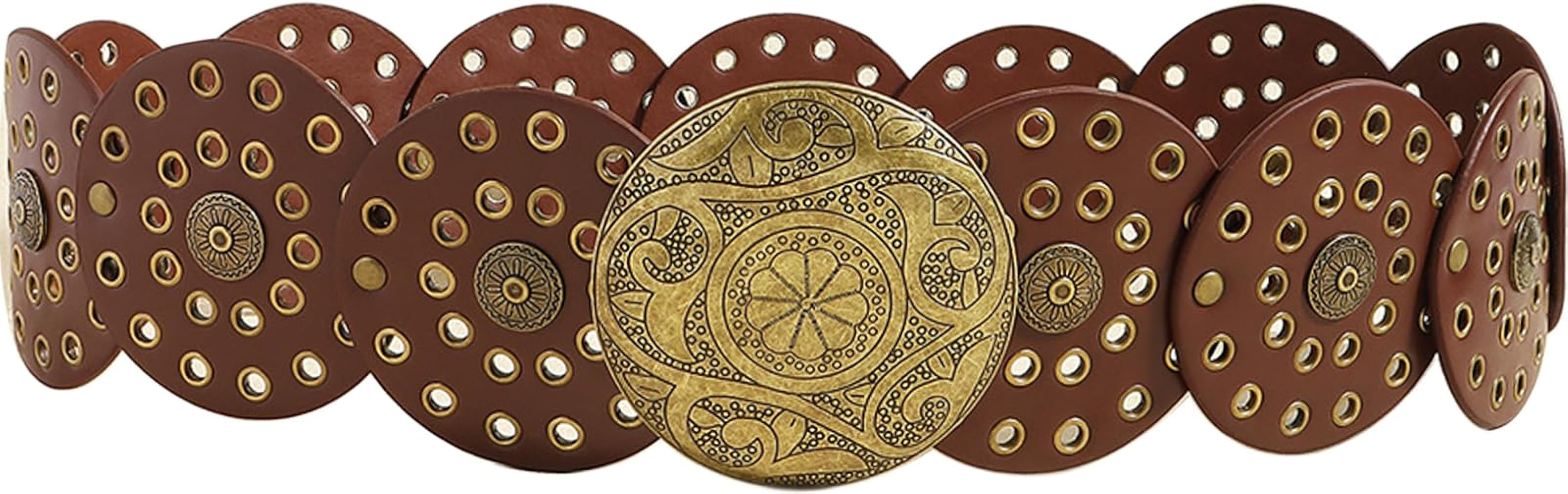 Hollow Wide Disc Belt for Women Out Round Leather Metal Buckle Belt Soft Durable Vintage Western Waist Belts | Amazon (US)