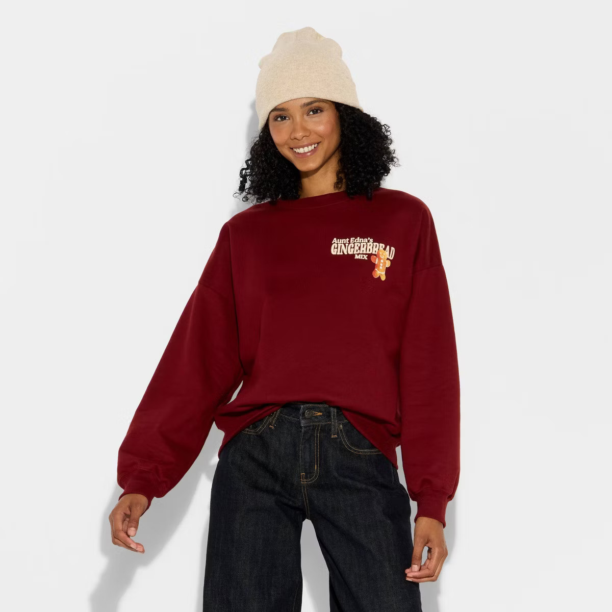 Women's Gingerbread Fleece Graphic Sweatshirt - Burgundy | Target