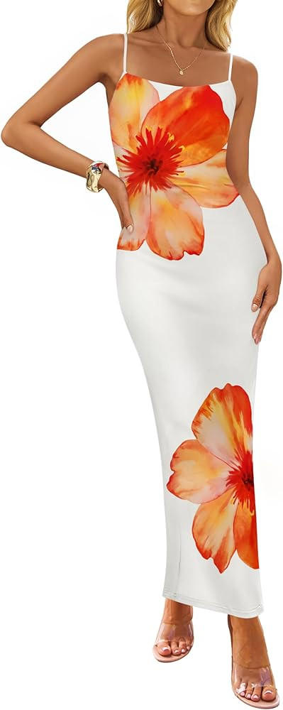 ZESICA Women’s Summer Bodycon Maxi Dresses 2025 Floral Spaghetti Strap Square Neck Sleeveless B... | Amazon (US)