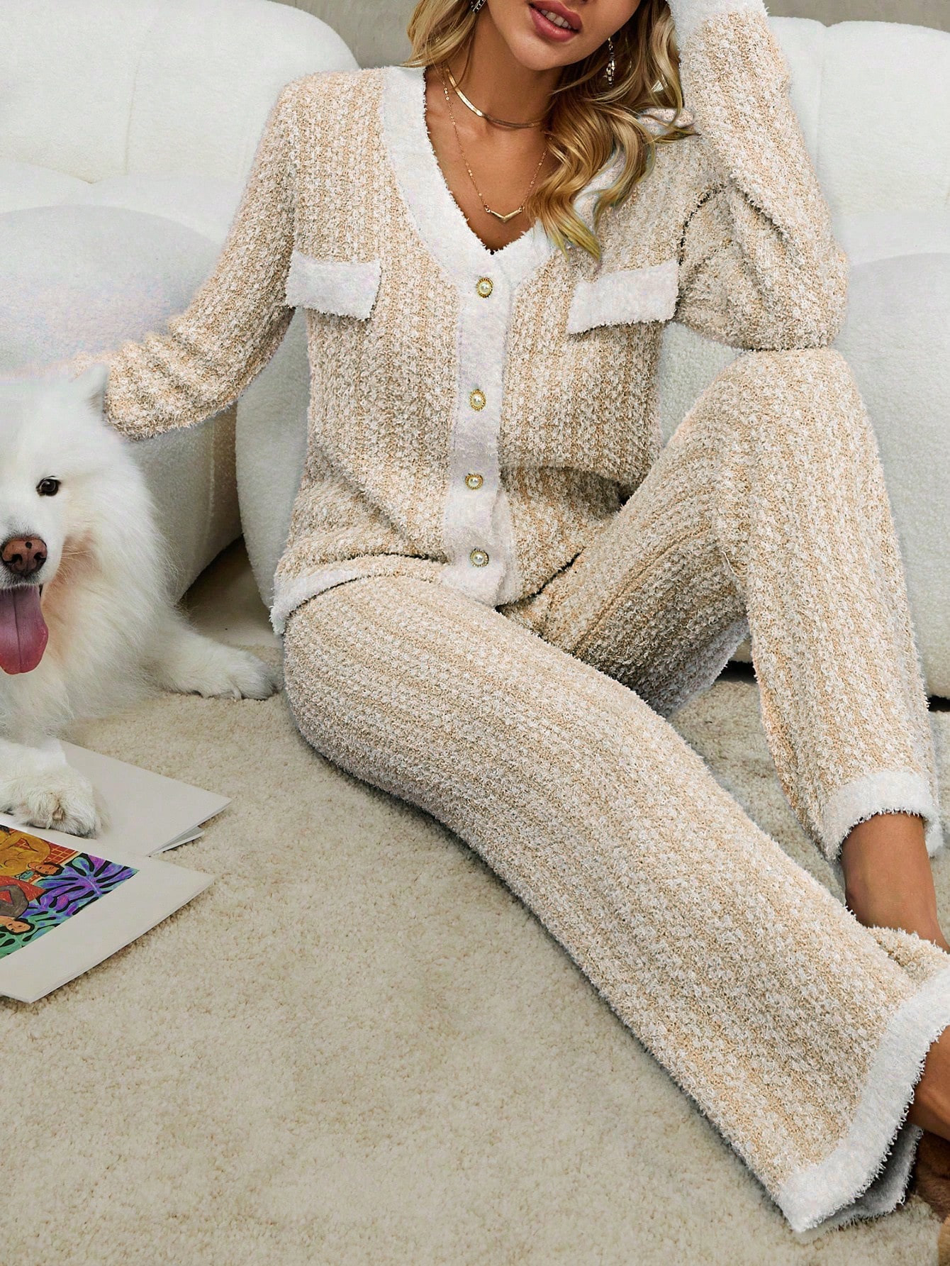 SHEIN Essnce Contrasting Trim Cardigan And Knitted Pants Two Piece Set | SHEIN