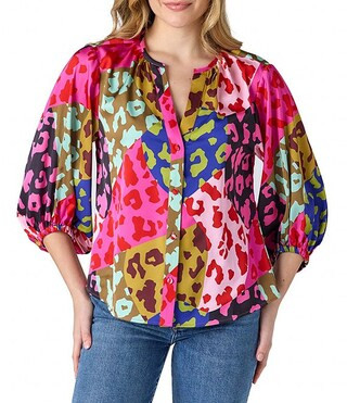 Livie Crepe Leopard Print Split V-Neckline 3/4 Sleeve Top | Dillard's