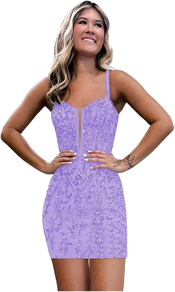 Sequin Lace Tight Homecoming Dresses for Teens Spaghetti Straps V Neck Short Prom Dress Mini Cock... | Amazon (US)