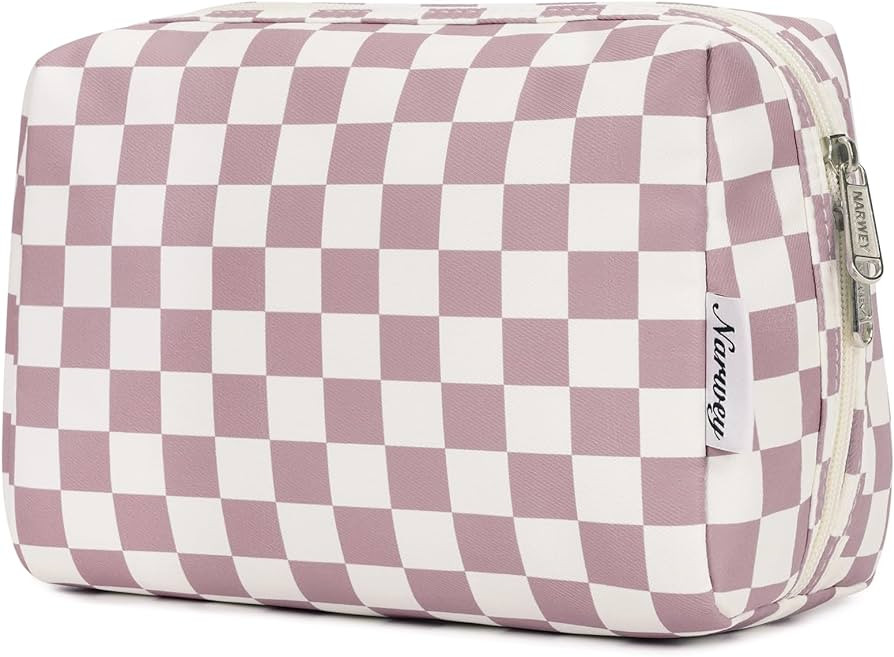 Narwey Large Checkered Makeup Bag Zipper Pouch Travel Cosmetic Bag Organizer for Women (Large, Dusty Rose Checkerboard) | Amazon (US)
